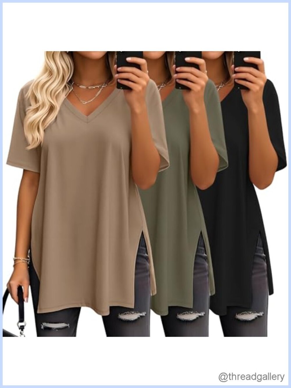 Oversized V-Neck Tunic T-Shirts 3 Pack Short Sleeve Tees
